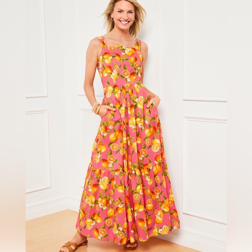 Talbots Tiered Pink and Orange Floral Maxi- Lemons and Oranges Dress 4 Petite